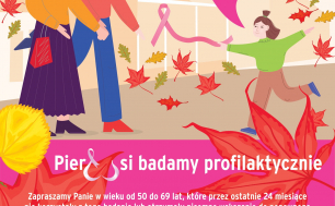 Zdjęcie przedstawia plakat zachęcający do badań mammograficznych, na plakacie Babcia, Mama i córka, dziewczynka wyciąga rękę z różową wstążką w kierunku mamy i babci, do okoła jesienne liście, poniżej informacje o badaniu. Plakat NFZ i MZ.